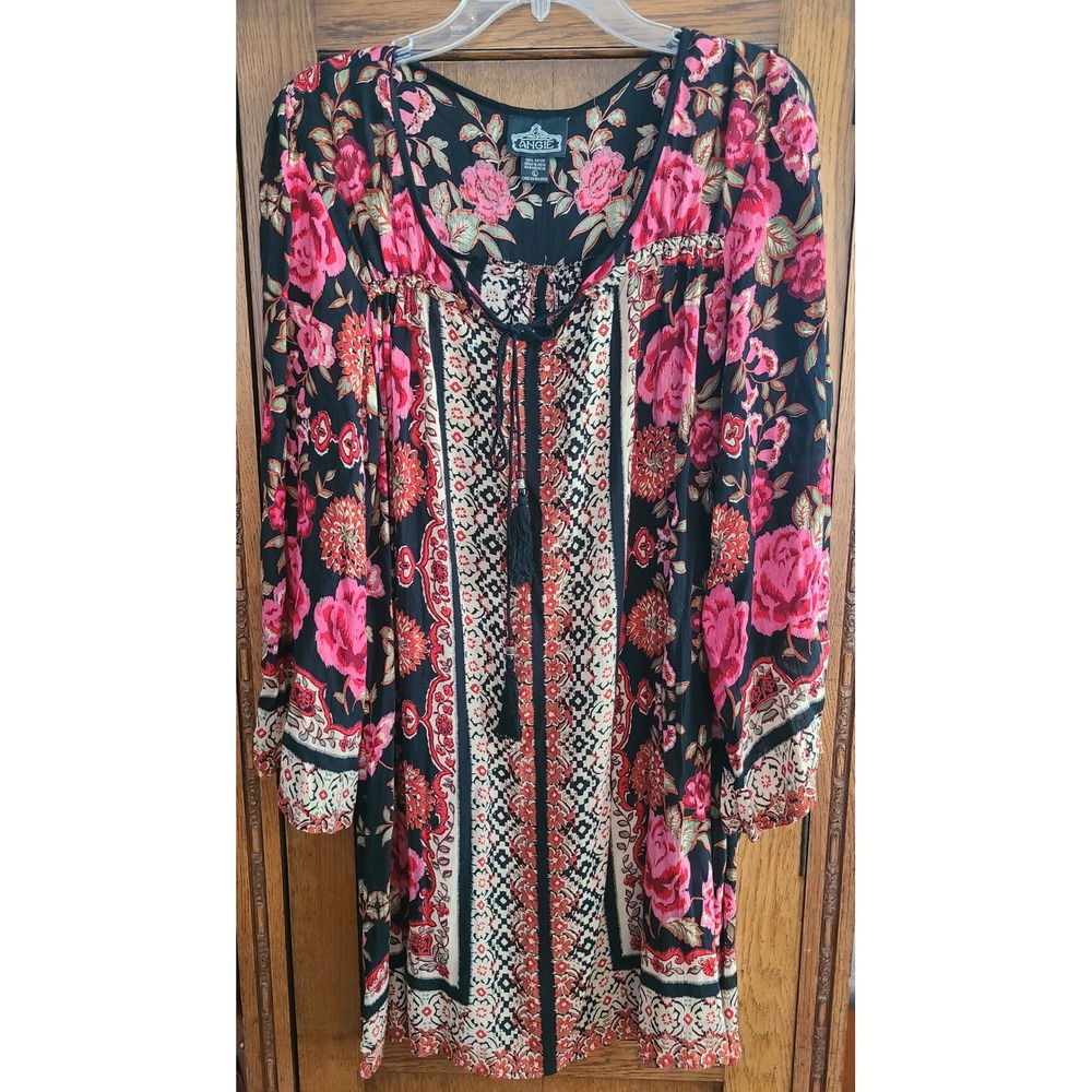 Angie Womens Boho Floral Patchwork Tassel Tunic Blouse Black Pink L Rayon